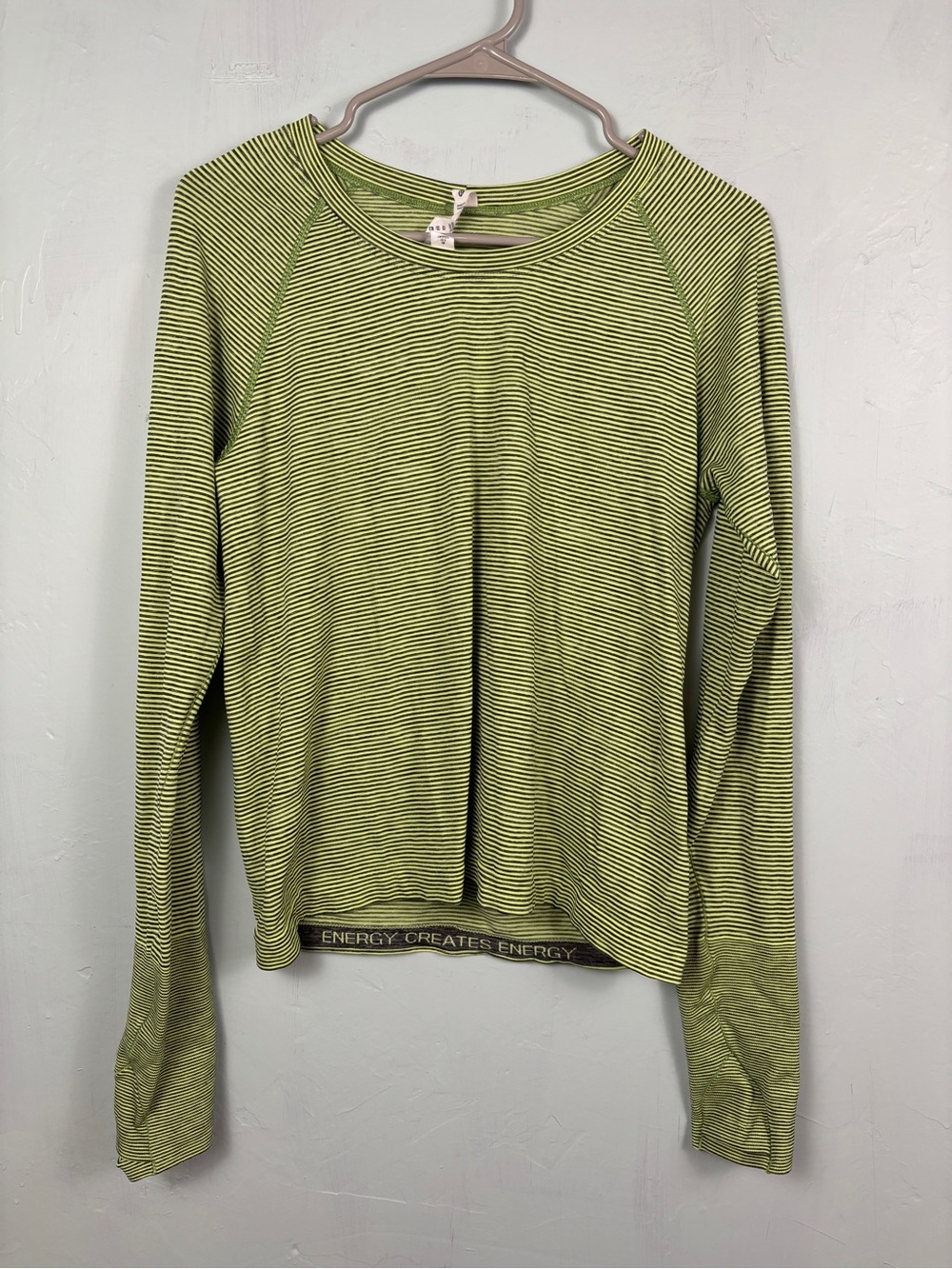 Lululemon Striped Long-Sleeve Crewneck Top in Lime Yellow-Green and Charcoal